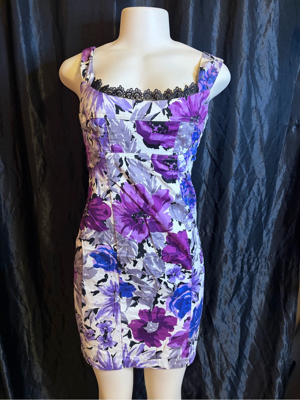 Purple Floral Mini Dress with Black Lace Trim